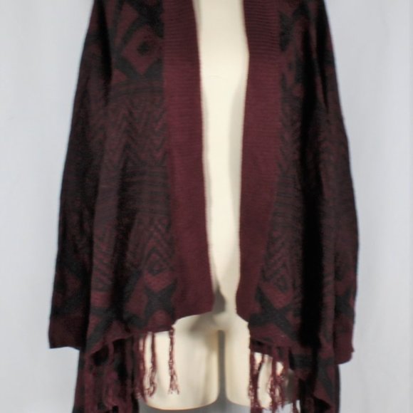 NWT Boho Southwestern Burgundy & Black Open Cardigan Sweater with Tassels XL - Picture 2 of 6